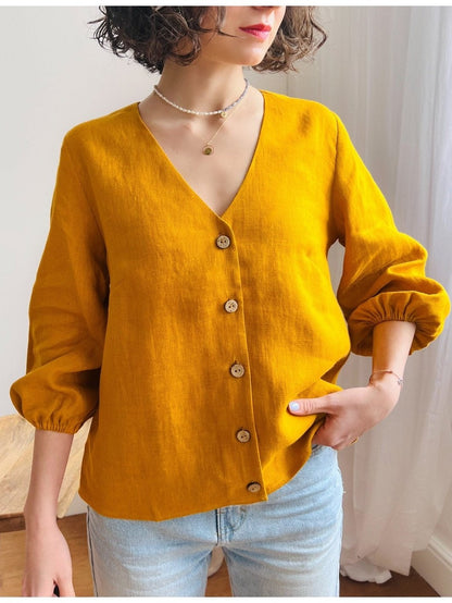 V-NECK LINEN BLOUSE