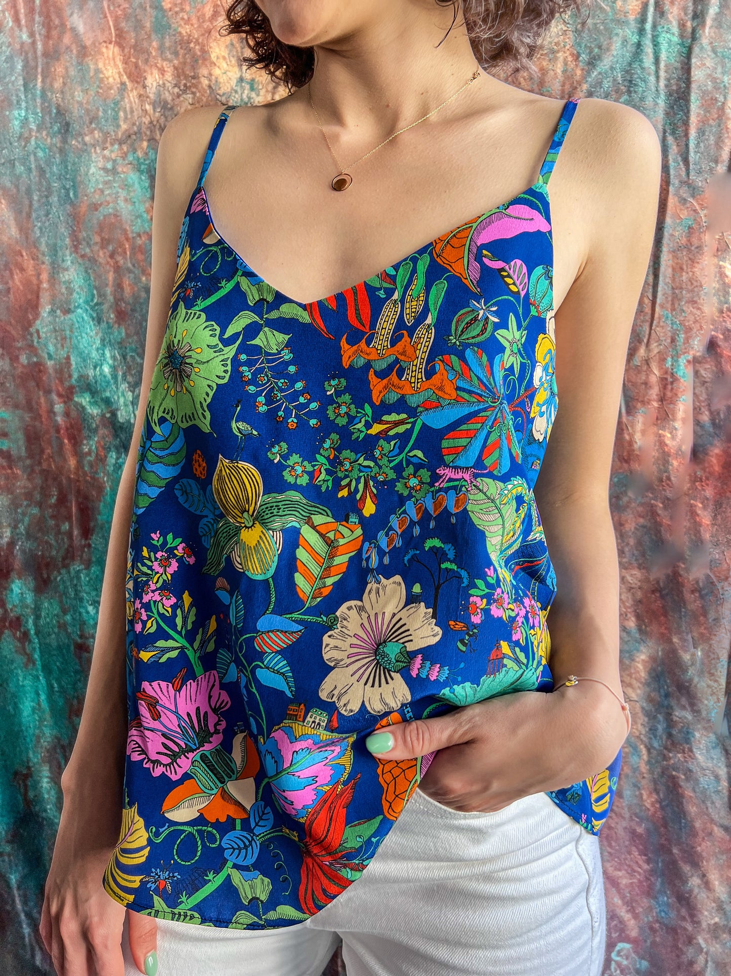 LIBERTY PRINT SILK CAMI TOP, V-NECK