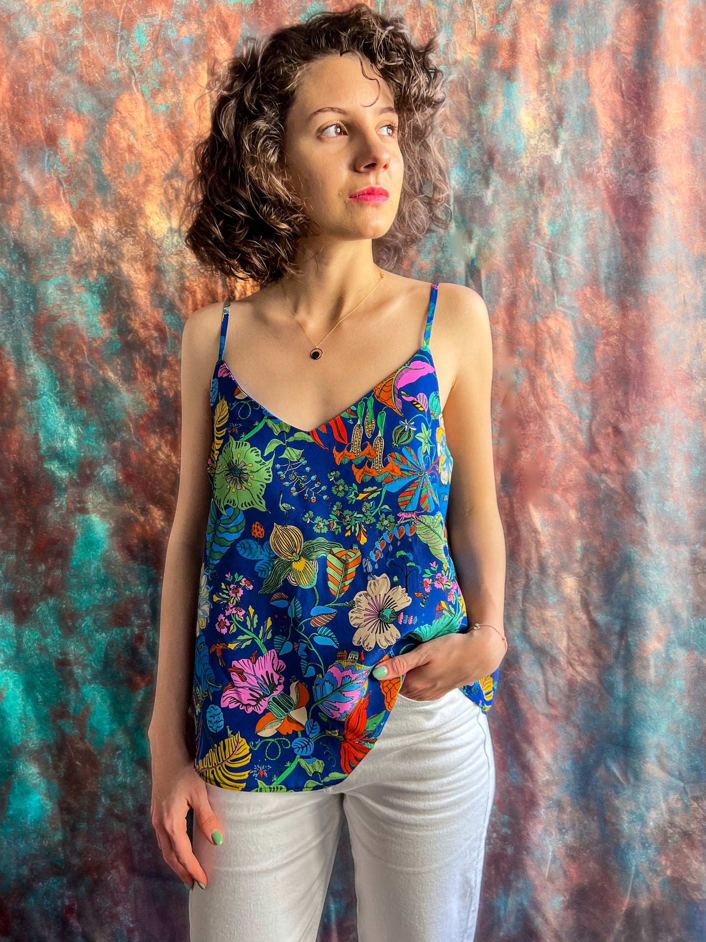 LIBERTY PRINT SILK CAMI TOP, V-NECK